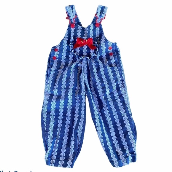 Vintage 80’s 90’s HAPPY KIDS Lace Print Ruffle Denim Overall Romper Toddler 2T - Picture 1 of 11